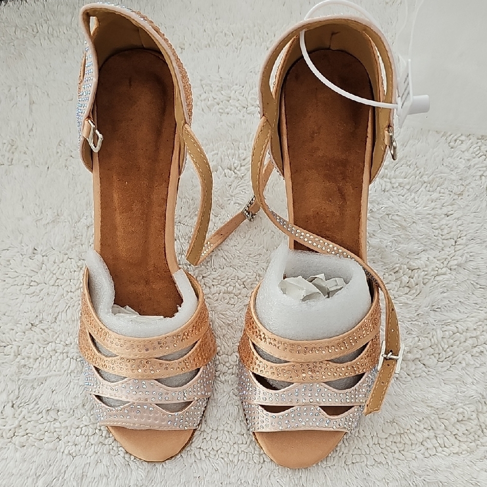 Elegant Women's Tan Silver and Rhinestone Strappy Heels